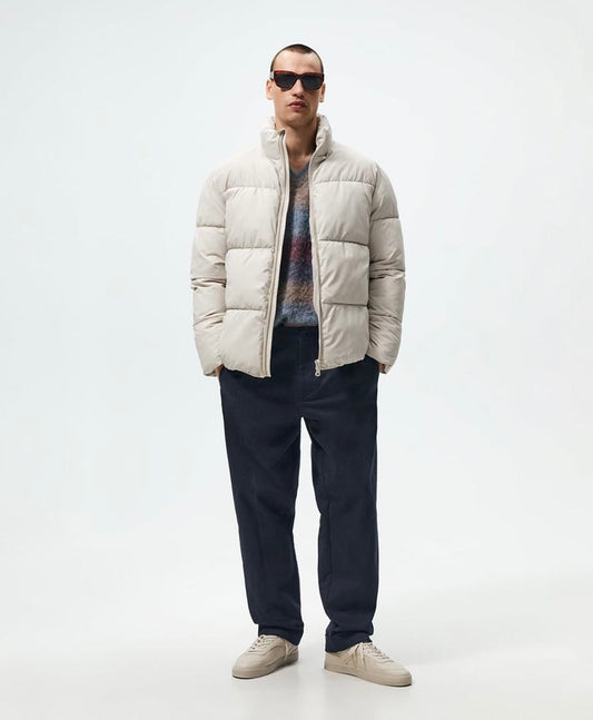 Jacket Zara Men’s Rubberised Puffer Coat Front Zip High Collar in Ivory