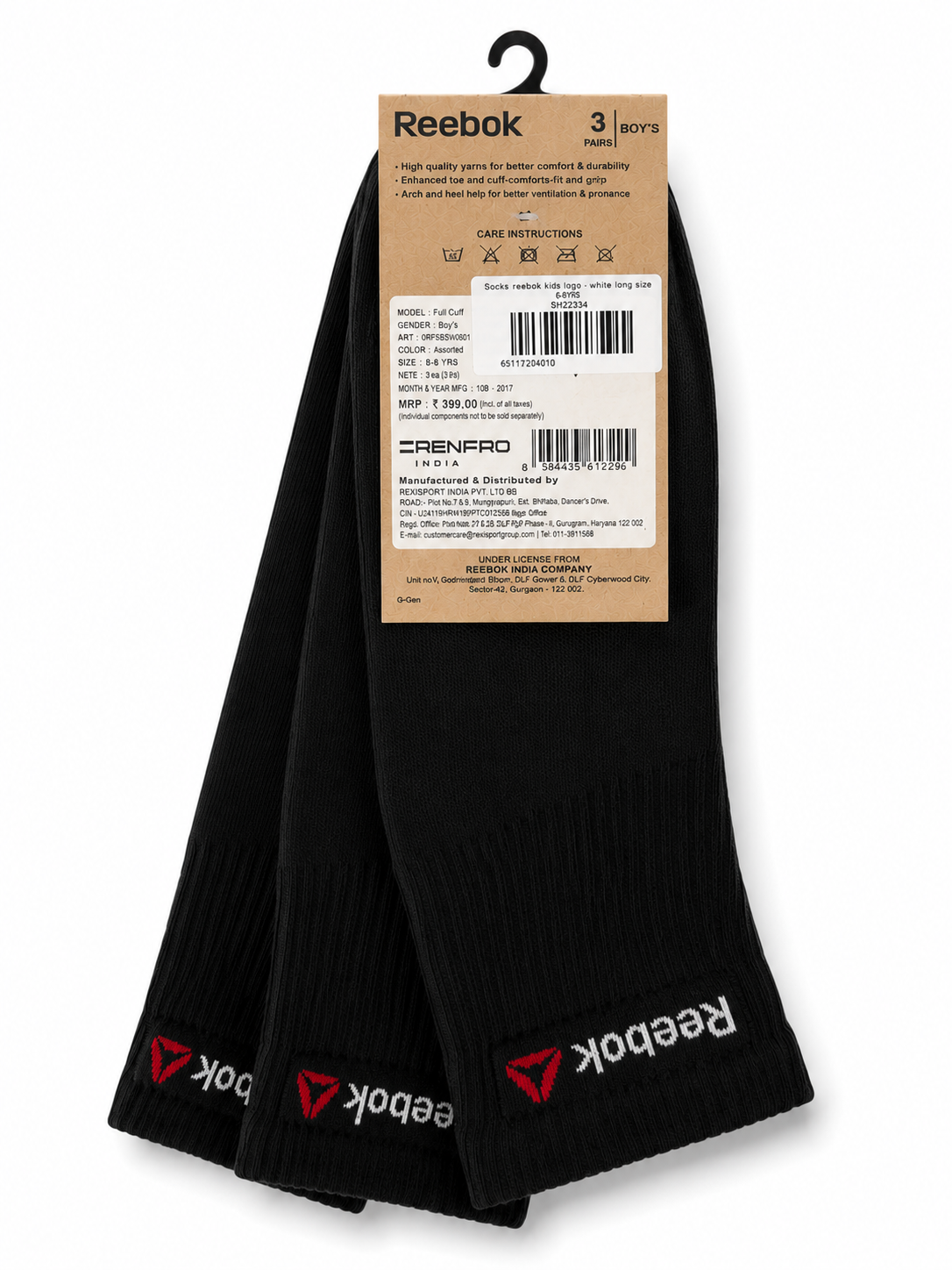 Reebok 3 pairs  boys black crew socks foot length 18 cm