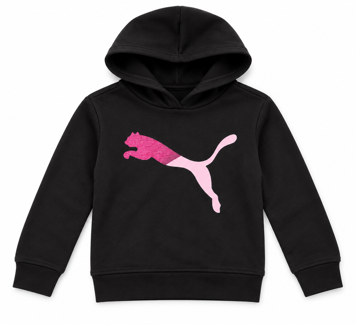 Puma Girls Logo Pullover Hoodie – Black & Pink Fleec