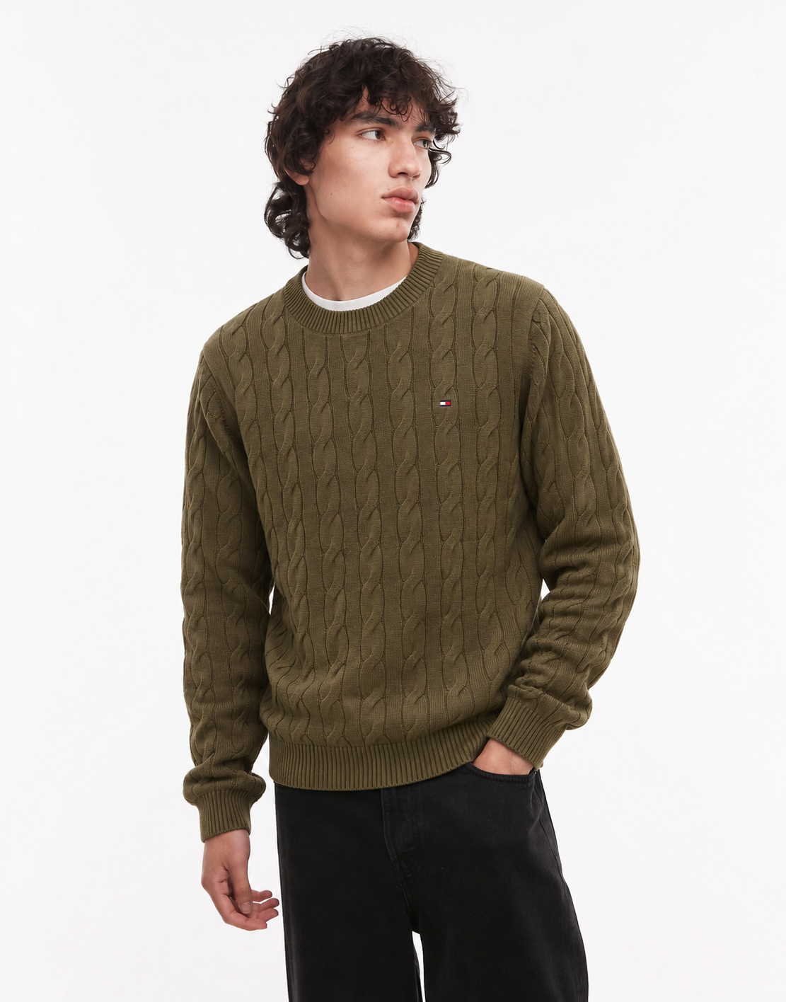 Tommy Hilfiger cable pullover crew neck olive