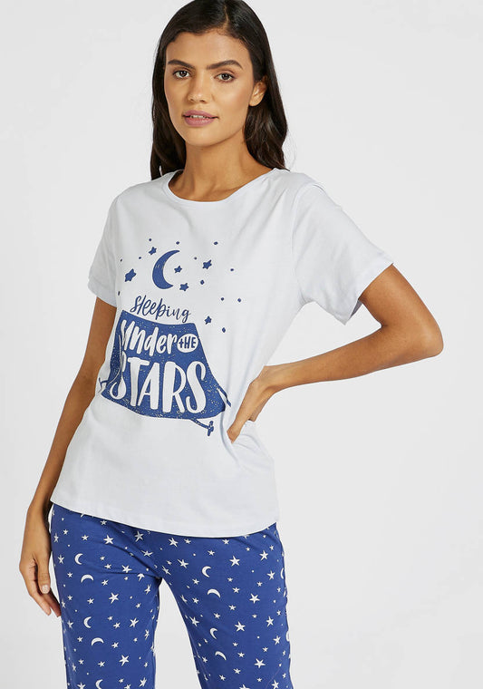 PCI cotton pajama pants set with short-sleeve T-shirt and prints
