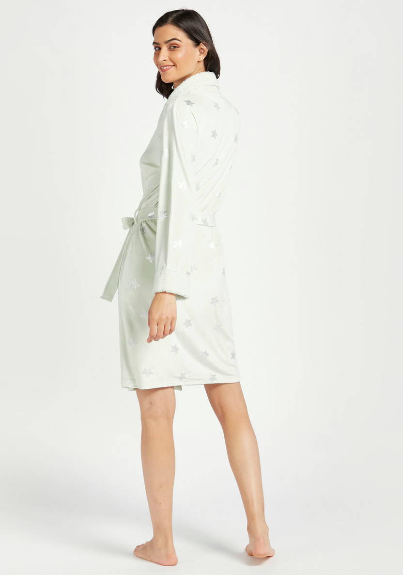 Star Embellished V-neck Robe with Pockets and Belt