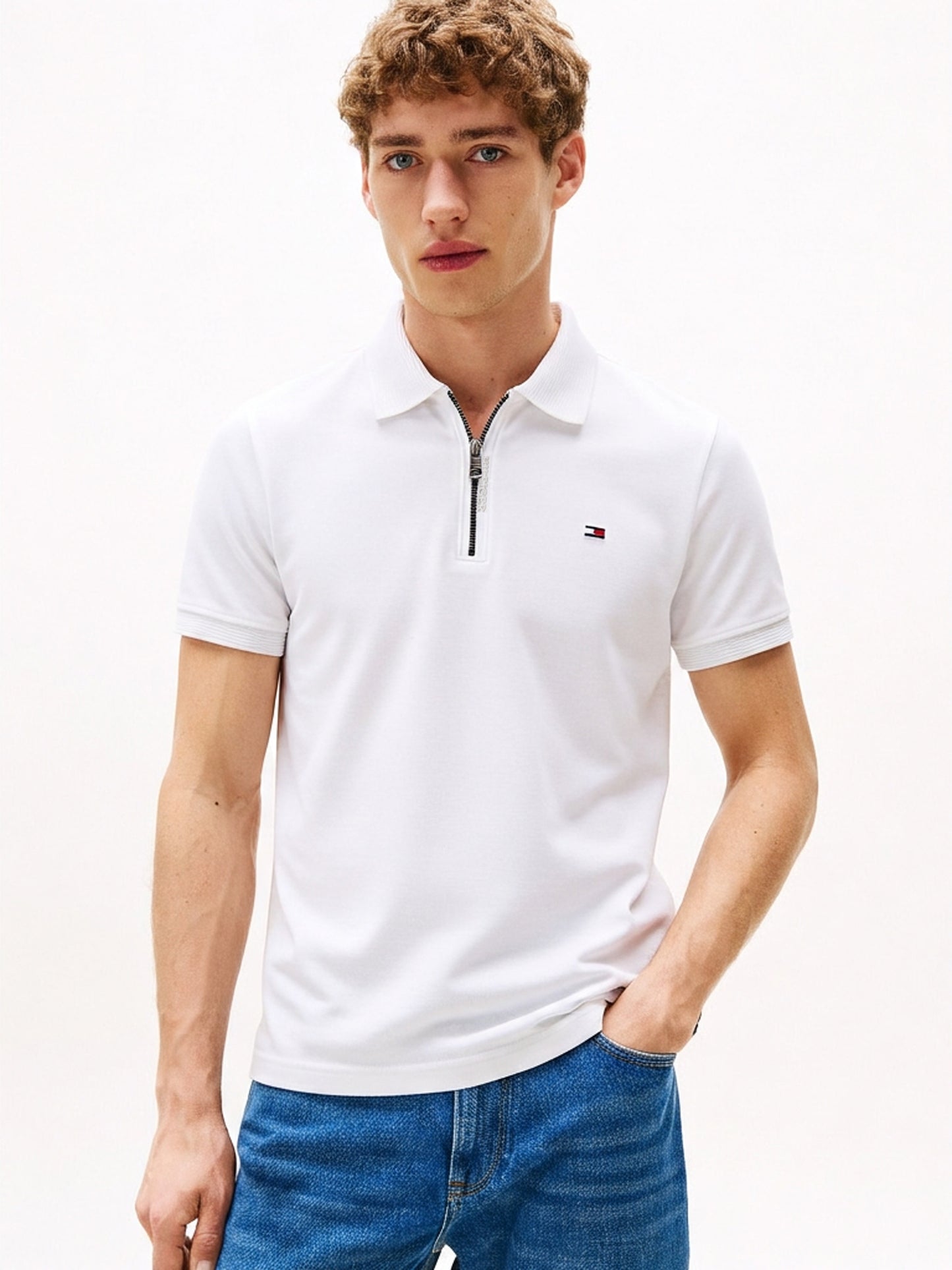 TOMMY HILFIGER SLIM FIT POLO TSHIRT HALF ZIPPER WHITE