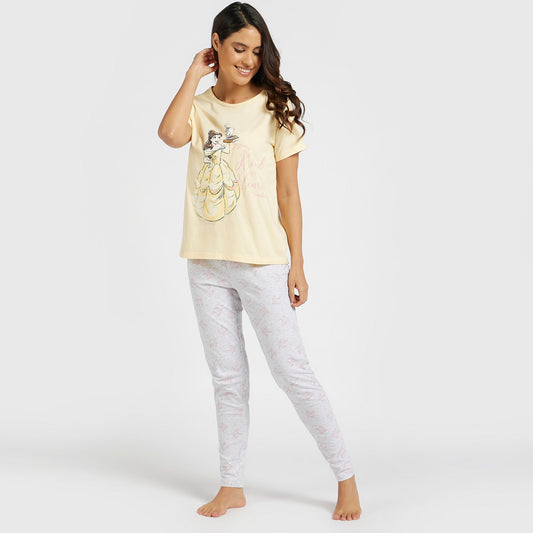 Belle Print Round Neck T-shirt and Full Length Pyjama Set