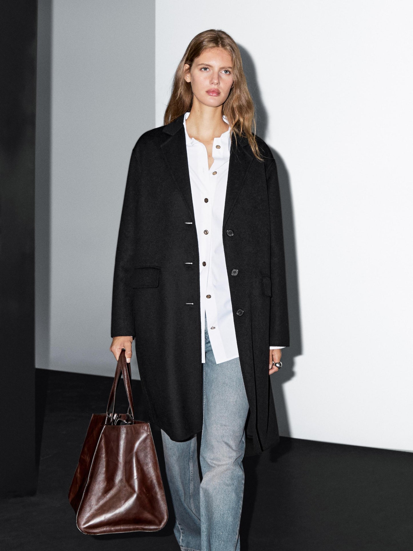 Massimo Dutti LONG WOOL BLEND COAT WOMEN BLACK oversized