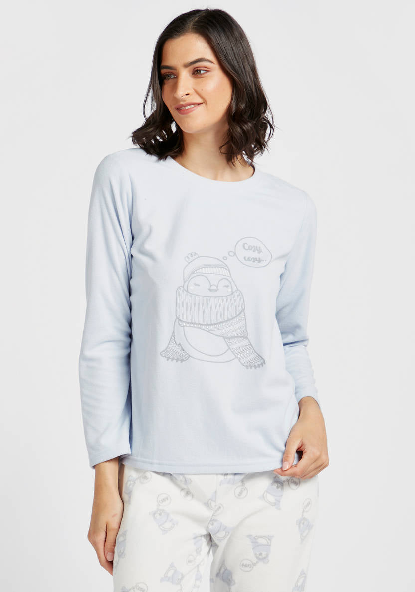 Two-piece set: long-sleeve graphic print T-shirt and printed pajama pants