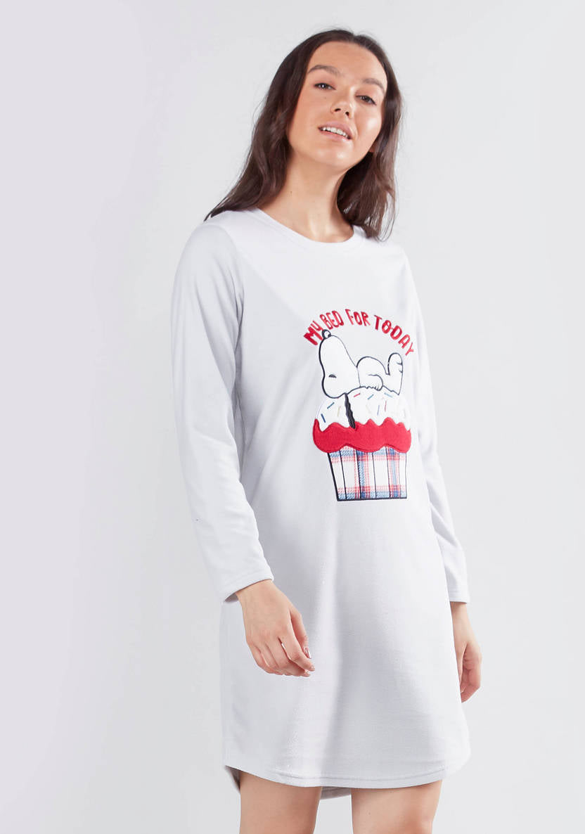 Cozy Collection Printed Sleep Dress with Round Neck and Long Sleeves