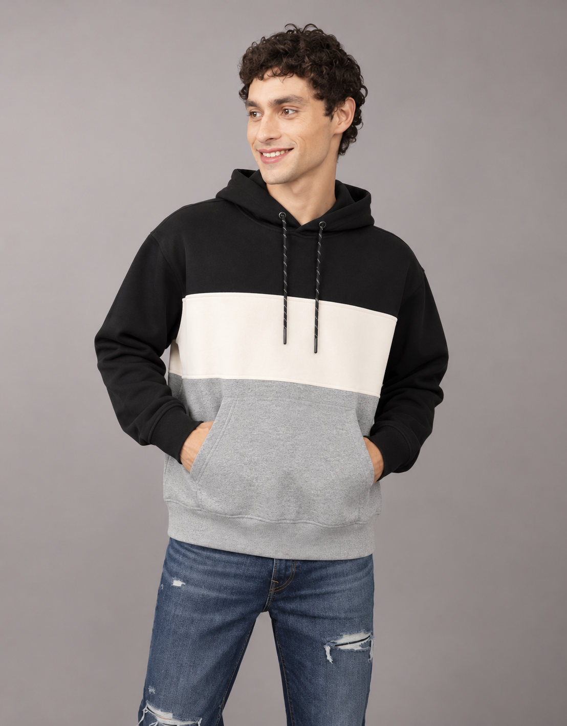 American Eagle Colorblock Fleece Hoodie – Black, Cream & Grey