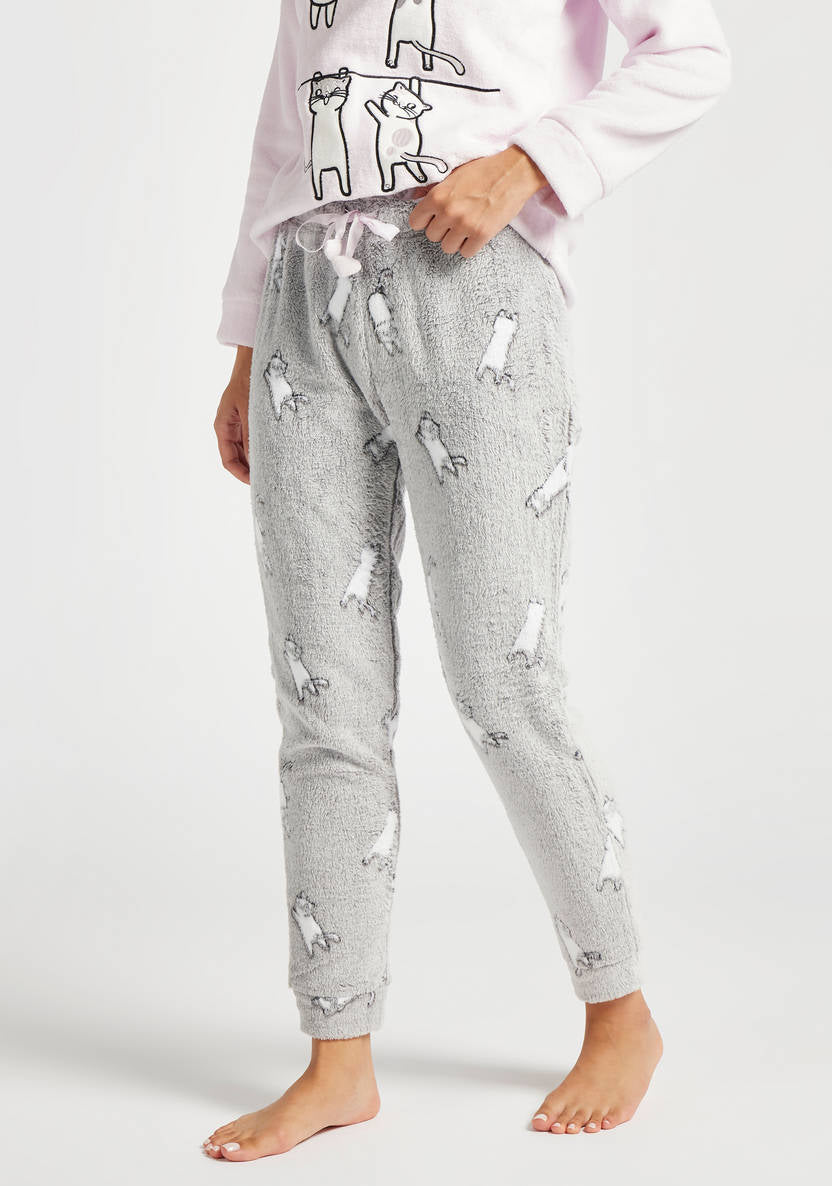 Cat Embroidered T-shirt and Full Length Pyjamas Set