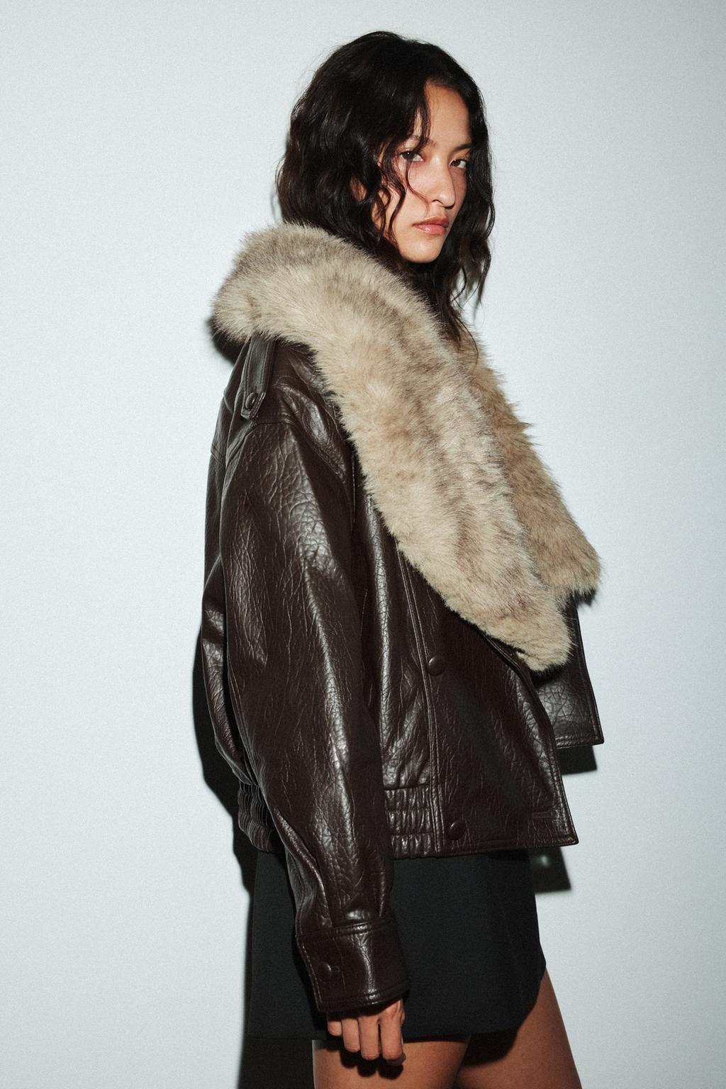 Zara women FAUX LEATHER JACKET WITH DETACHABLE COLLAR  Dark brown