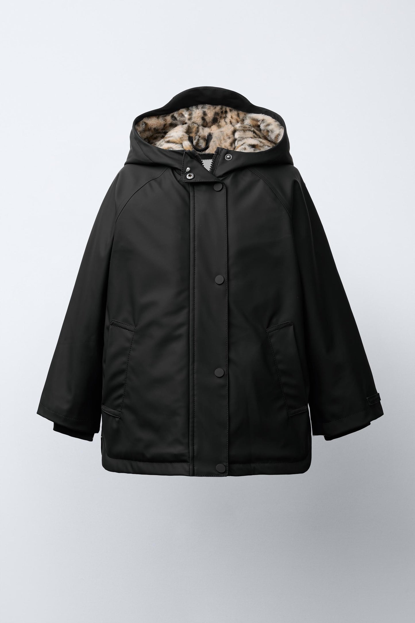 ZARA  RUBBERISED WATER-REPELLENT RAINCOAT WITH FAUX FUR ANIMAL PRINT