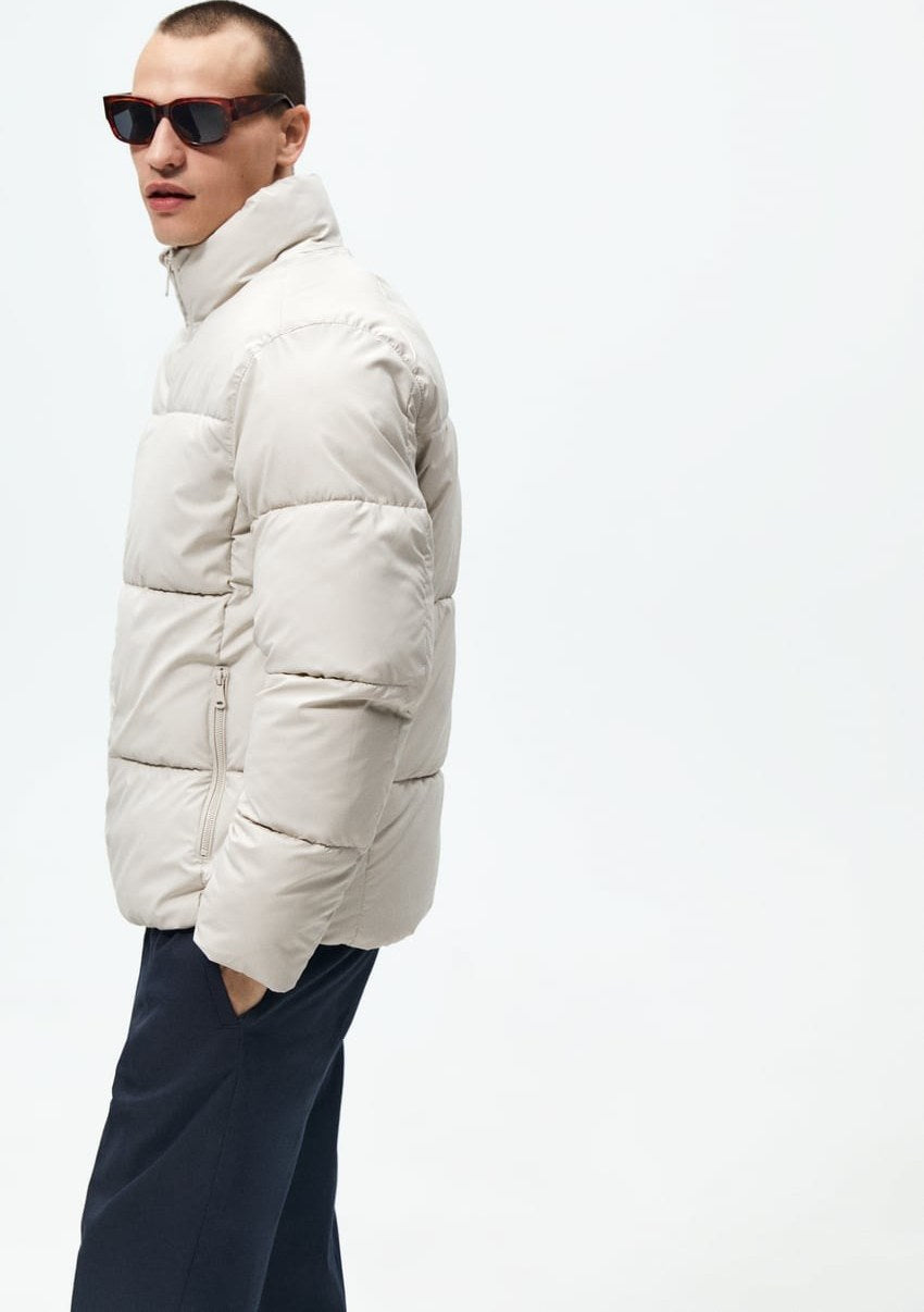 Jacket Zara Men’s Rubberised Puffer Coat Front Zip High Collar in Ivory