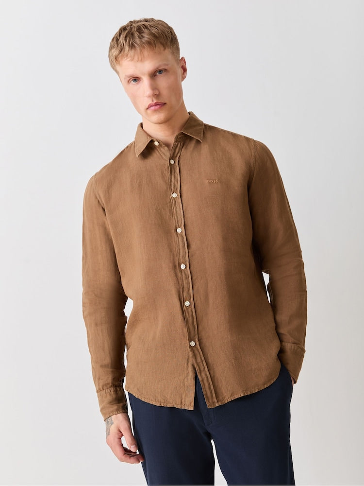 BOSS Brown Relegant  Slim Fit 100% Linen Shirt