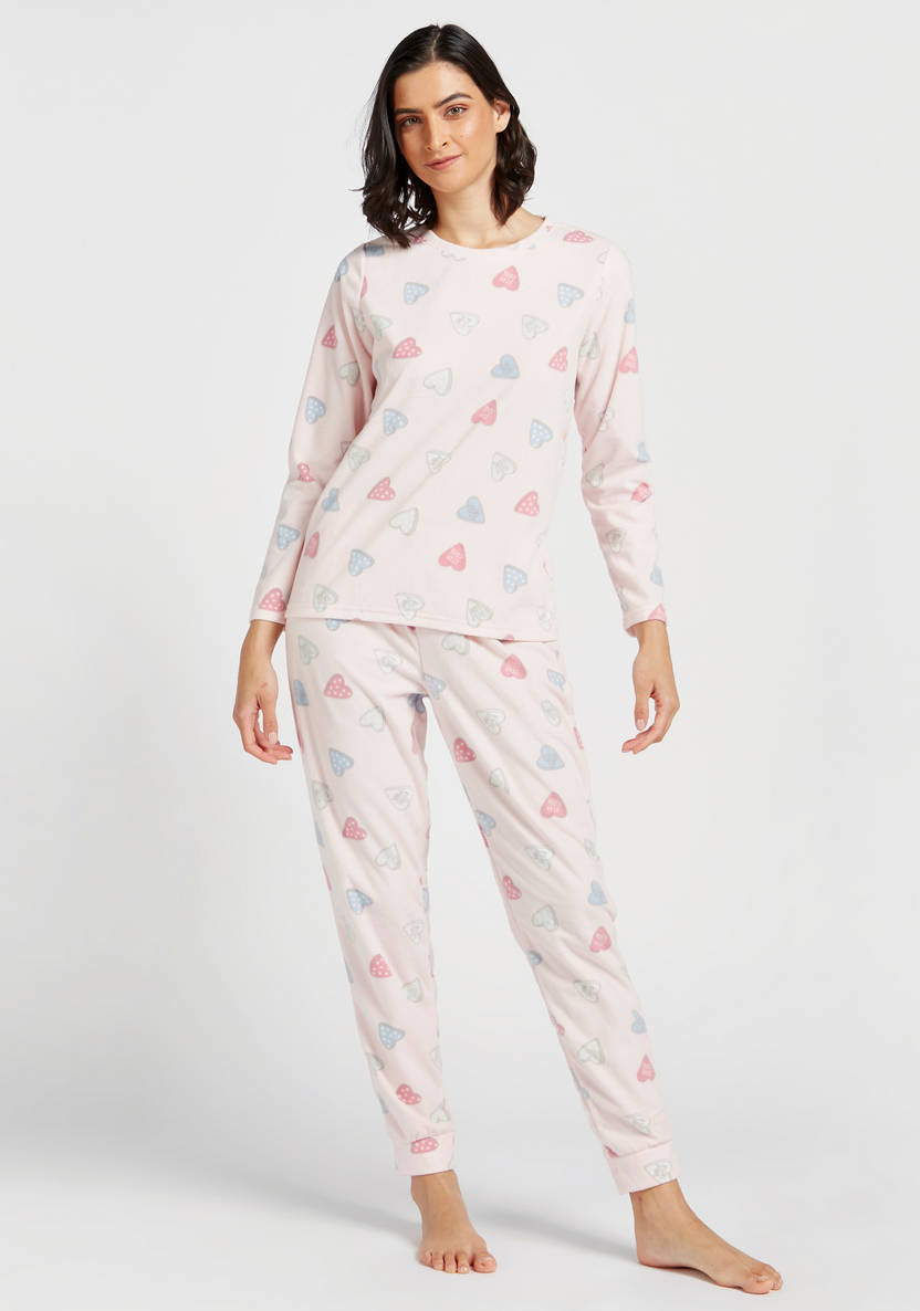 All-Over Heart Print Long Sleeves T-shirt and Pyjama Set