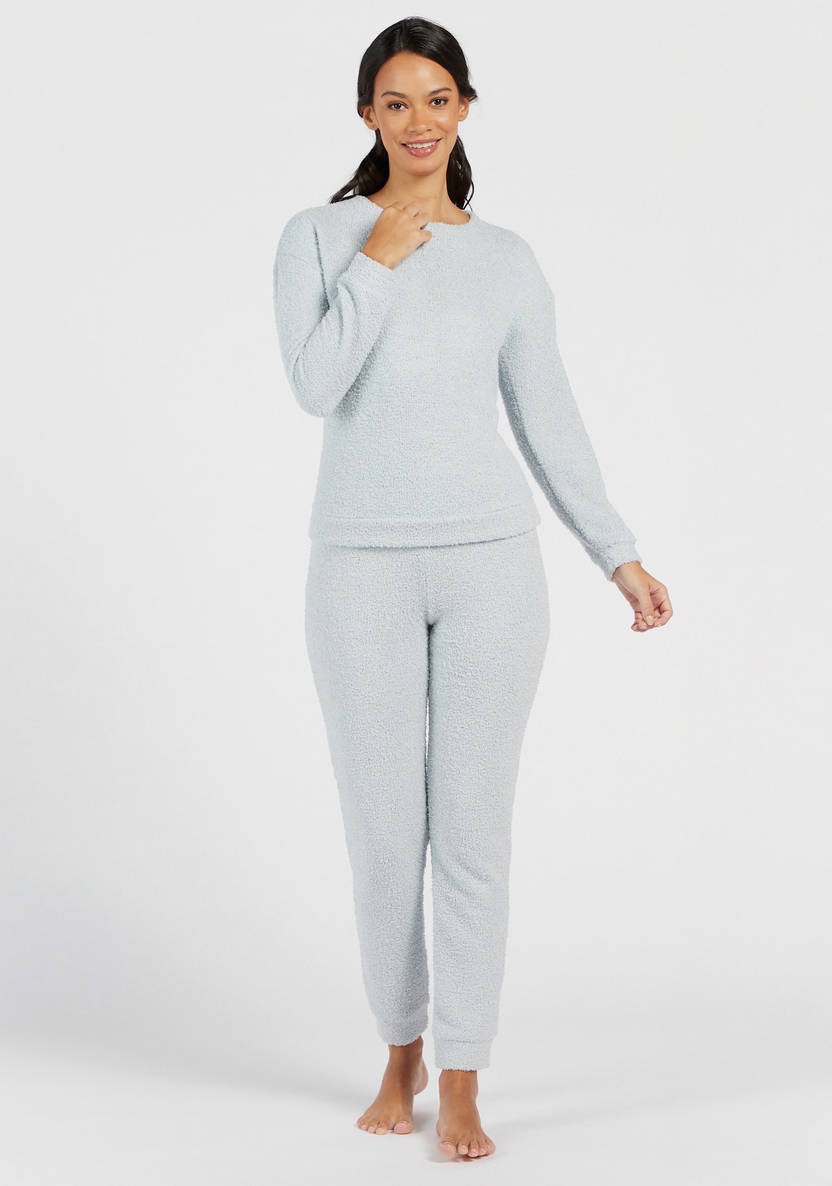 Textured Round Neck Sweatshirt and Full-Length Pyjama Set