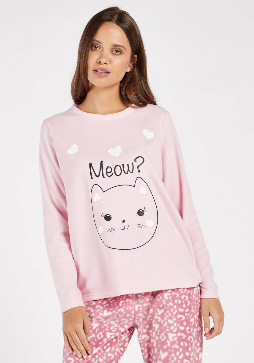 Cozy Collection Printed Round Neck T-shirt and Full Length Pyjama Set