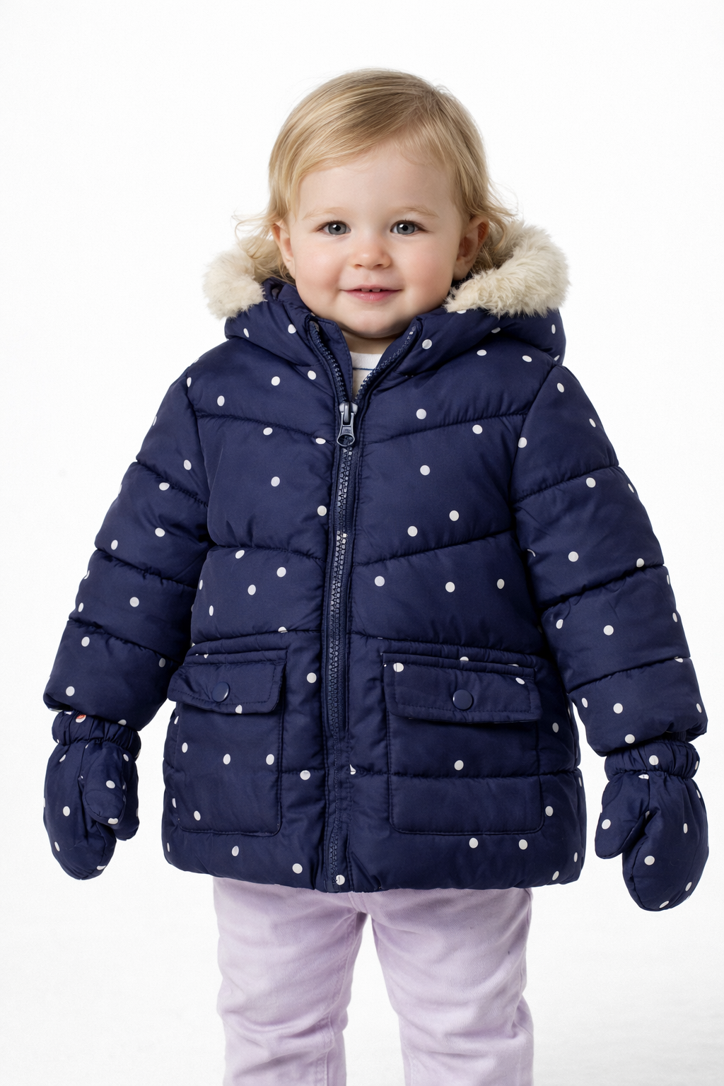 Primark This navy polka dot baby jacket is from Primark and includes a hood and matching mittens