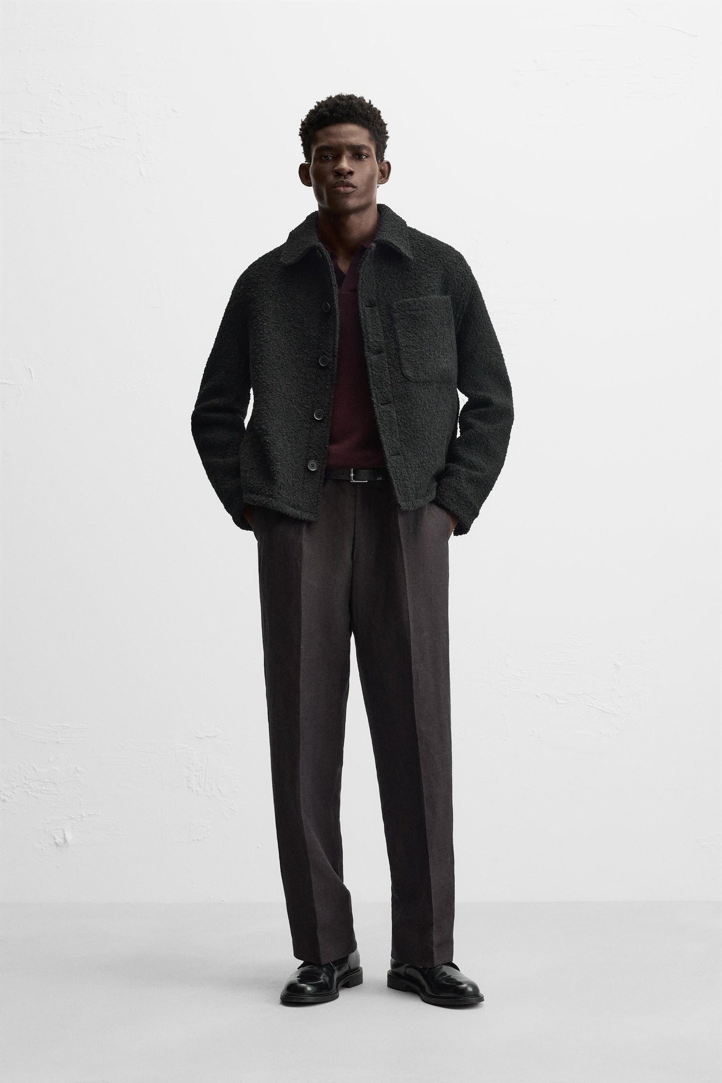Zara bouclé jacket with patch pockets.