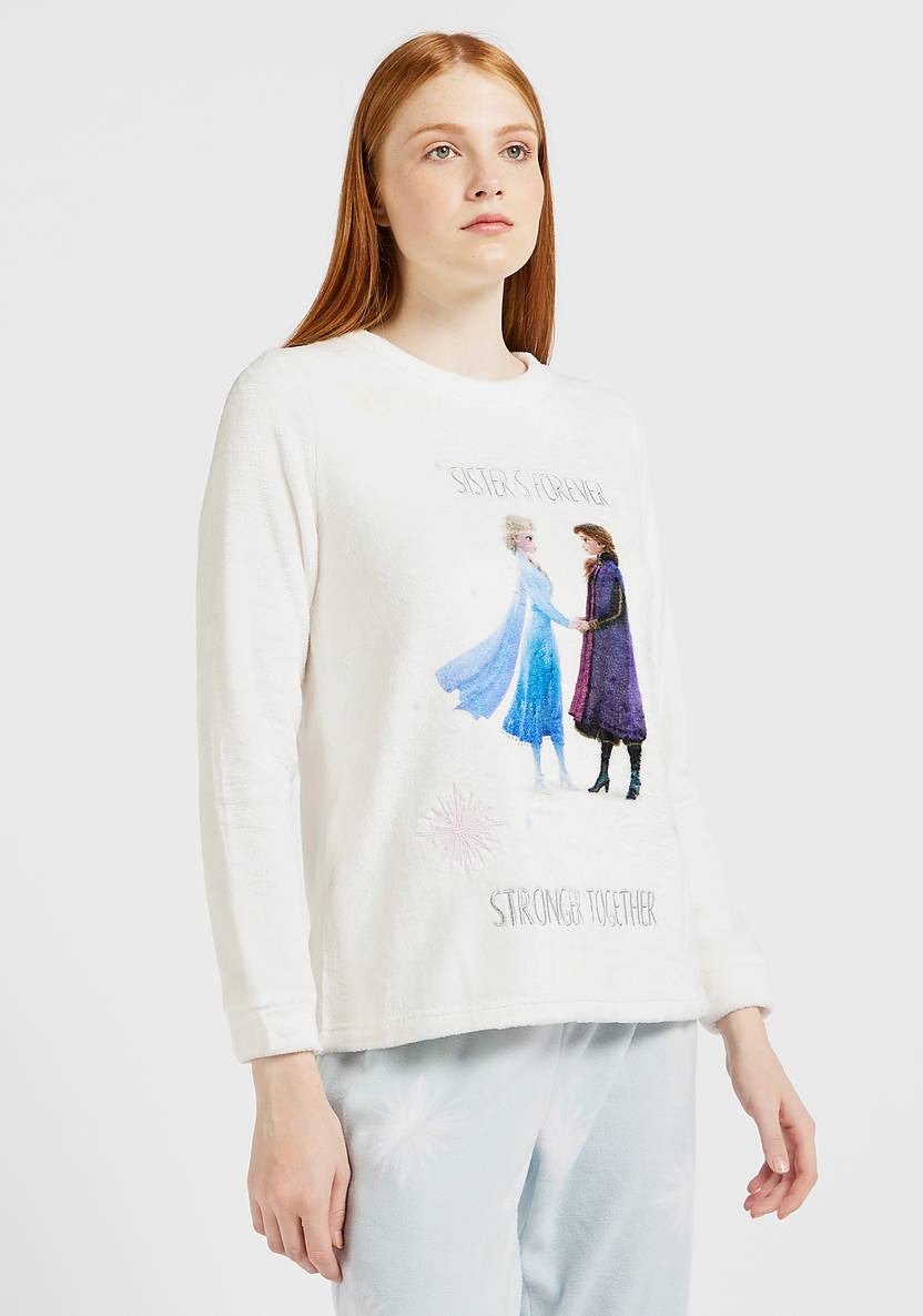 Frozen Print T-shirt with Long Sleeves and Pyjamas Set