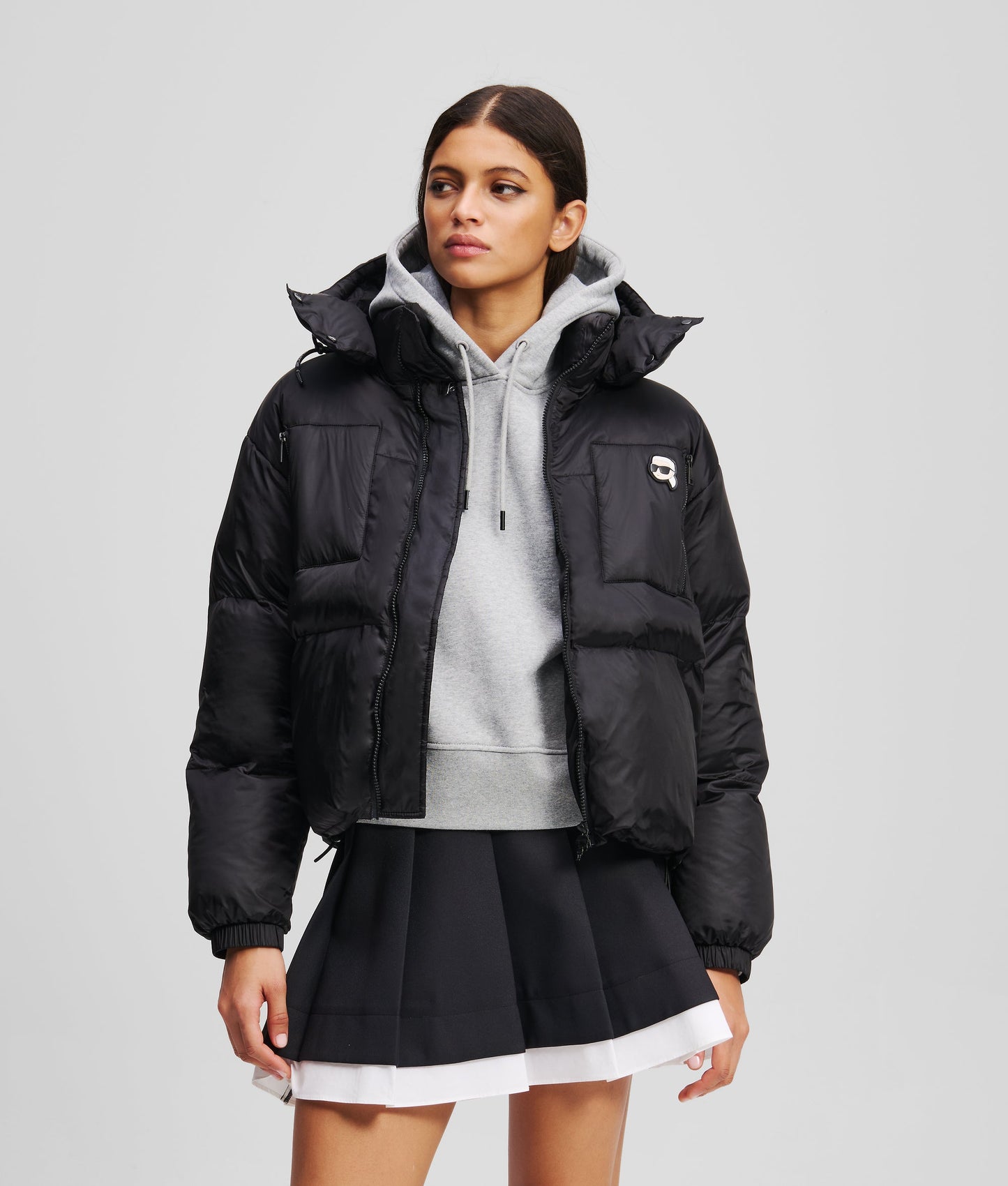 Karl Lagerfeld Women's Black Ikon Puffer 
Jacket Removable hoodie
