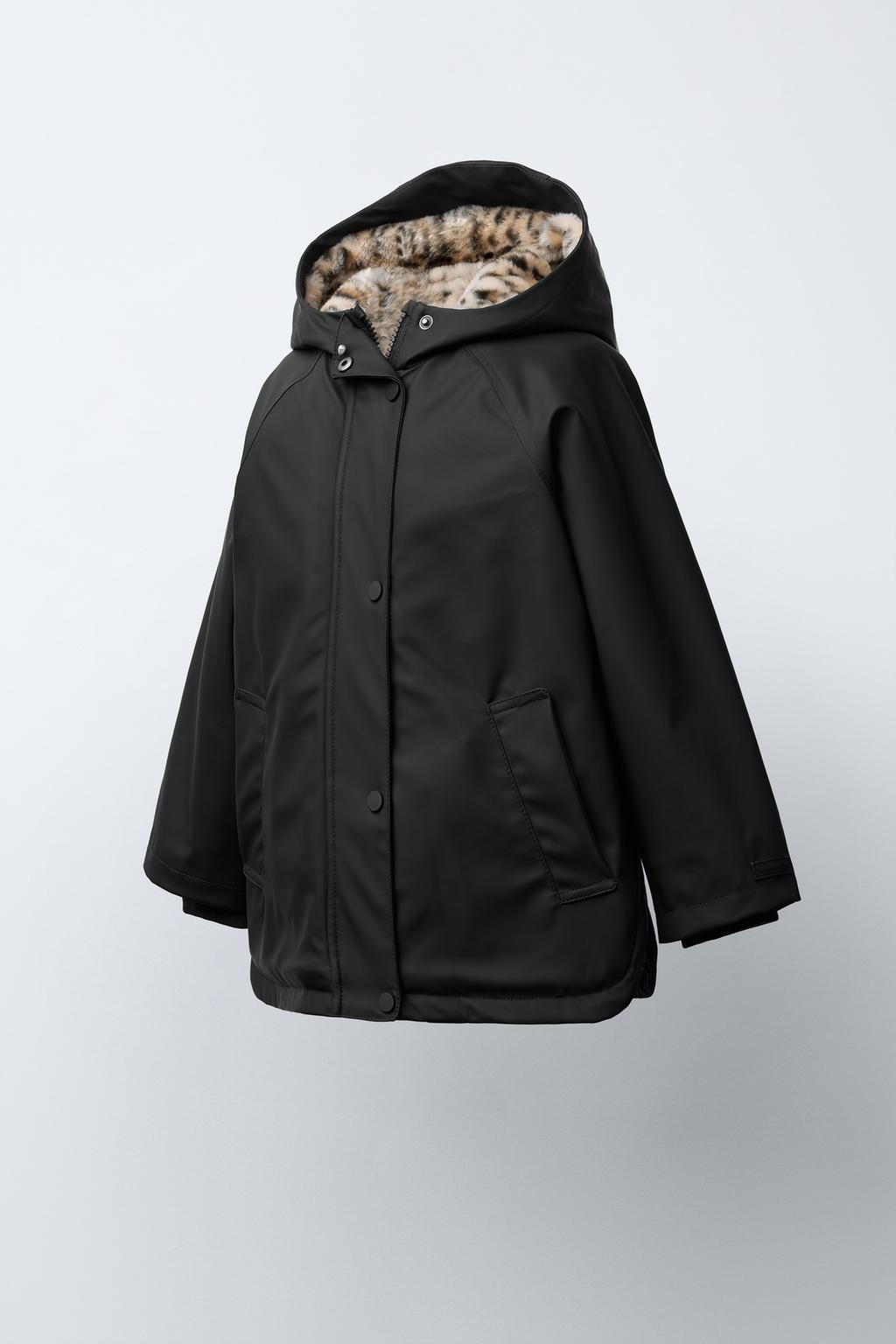 ZARA  RUBBERISED WATER-REPELLENT RAINCOAT WITH FAUX FUR ANIMAL PRINT