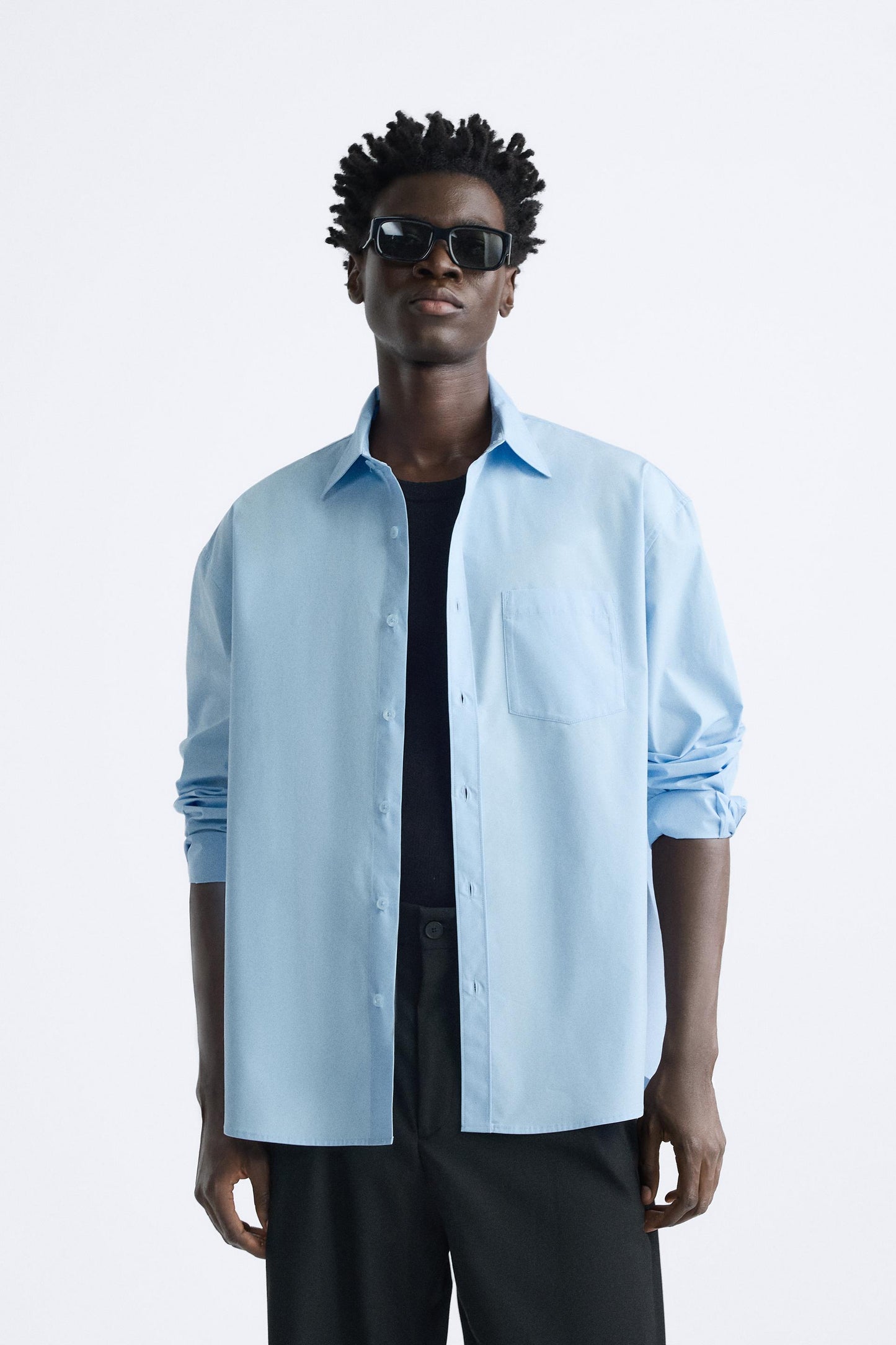 Zara relaxed Pocket poplin shirt baby blue FIT BIGGER