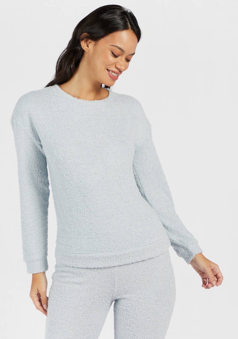 Textured Round Neck Sweatshirt and Full-Length Pyjama Set