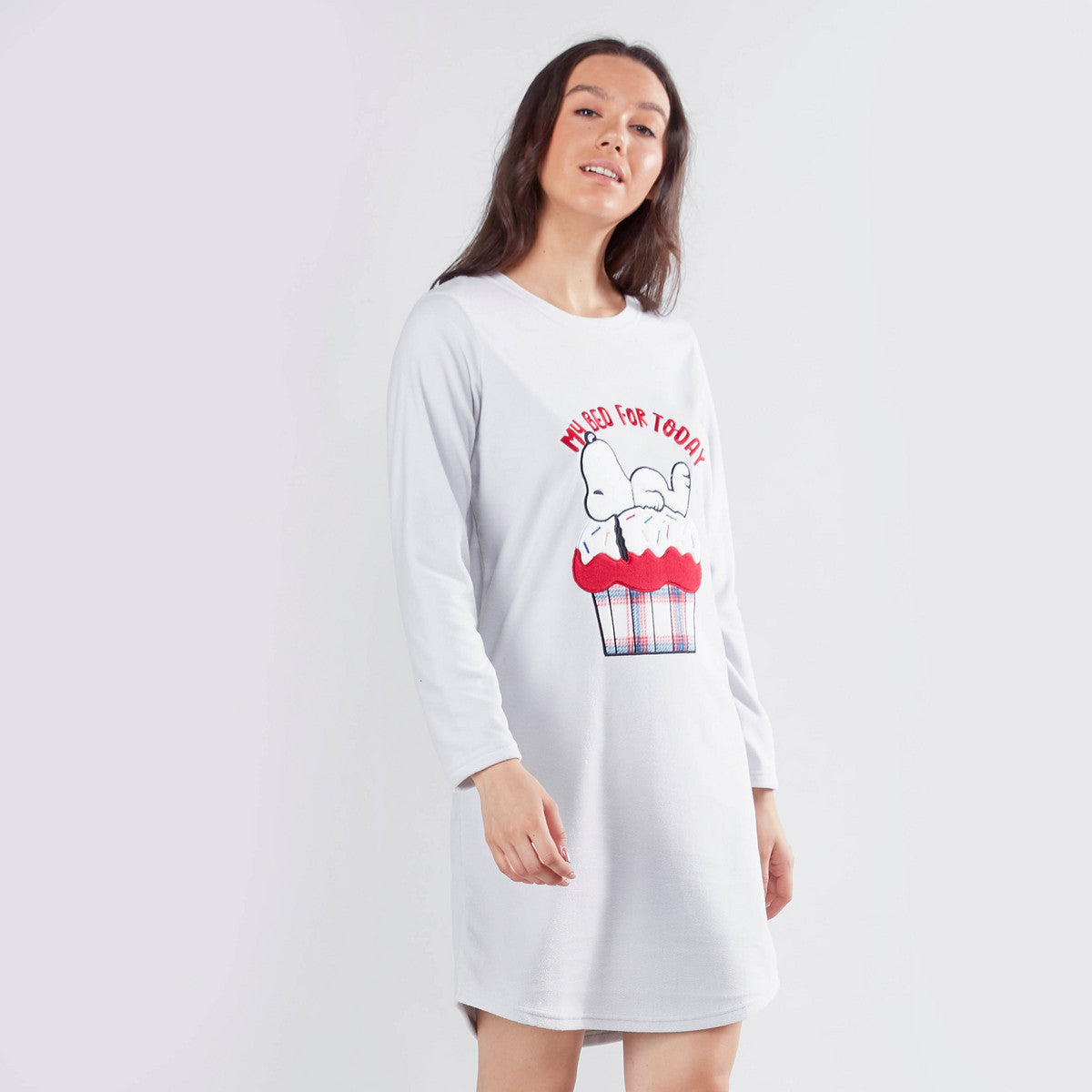 Cozy Collection Printed Sleep Dress with Round Neck and Long Sleeves