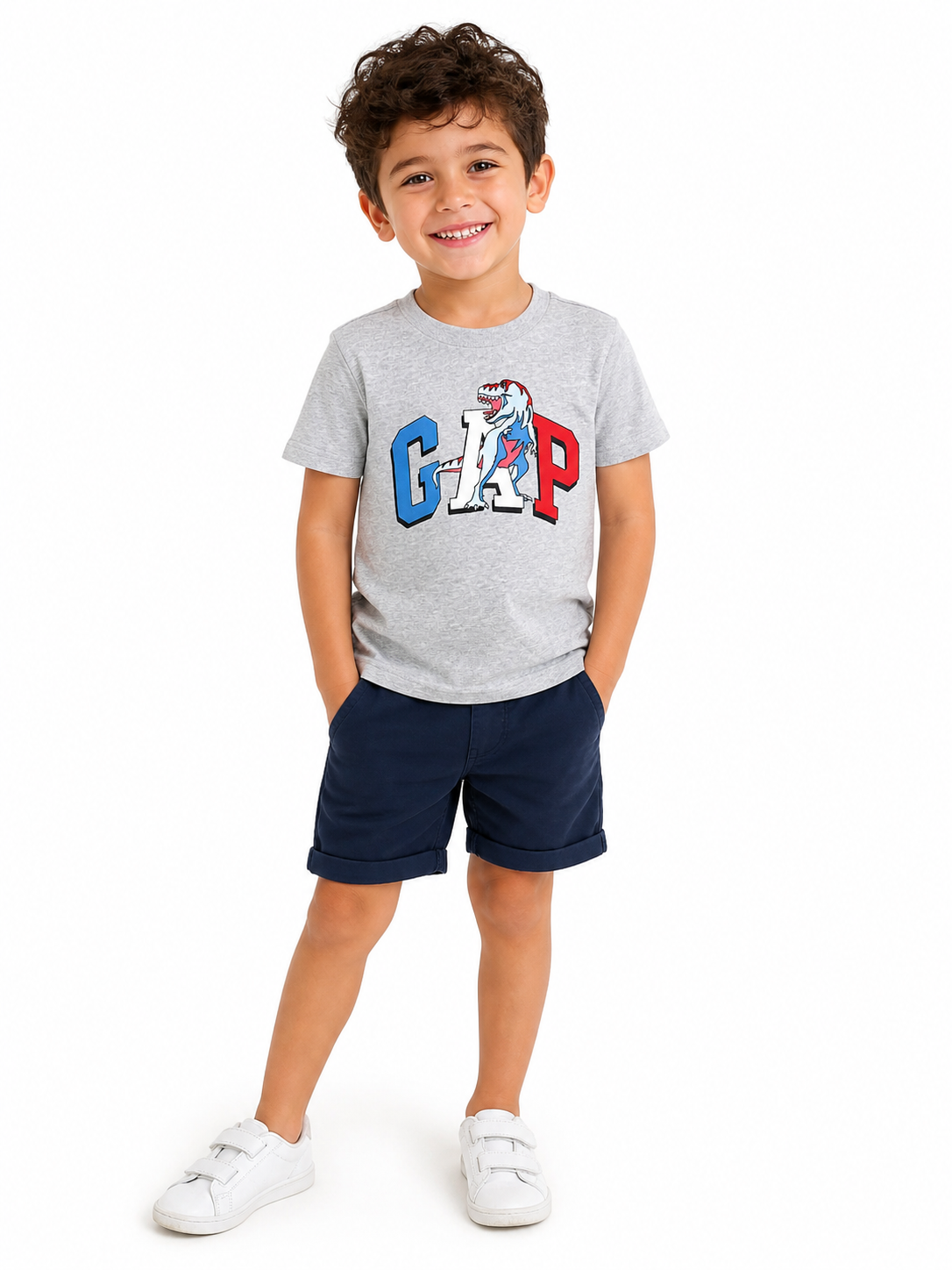 GAP Kids Dino Logo T-Shirt – Soft Cotton Short Sleeve (Grey)