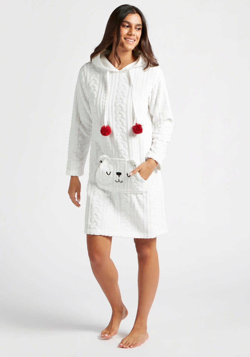 Textured Hooded Sleepshirt with Long Sleeves and Embroidery Detail