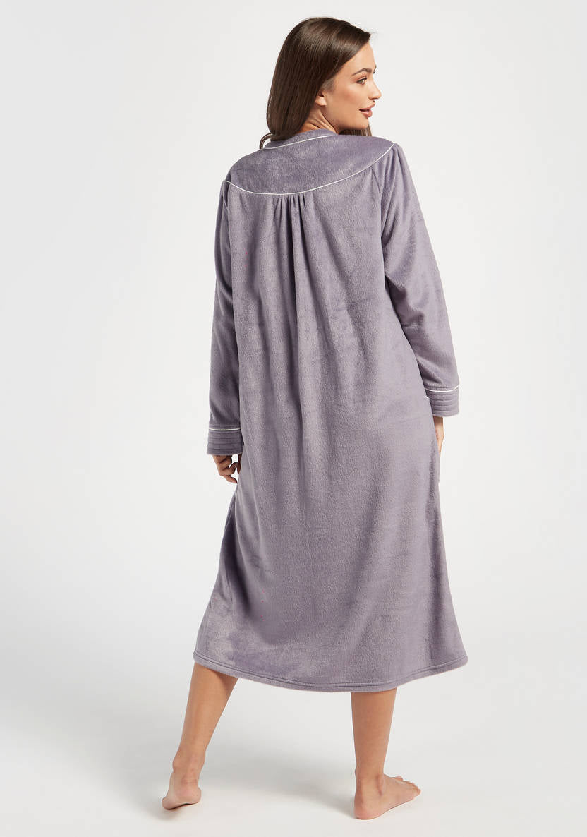 Textured long-sleeve nightshirt with pockets and embroidered details