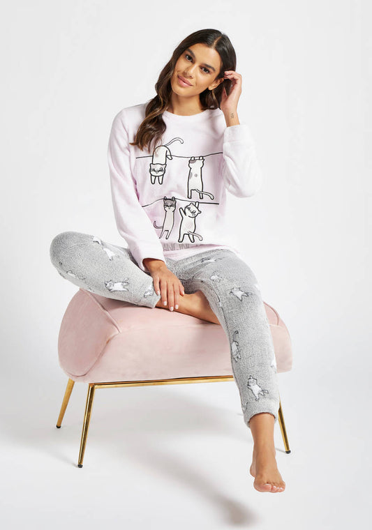 Cat Embroidered T-shirt and Full Length Pyjamas Set