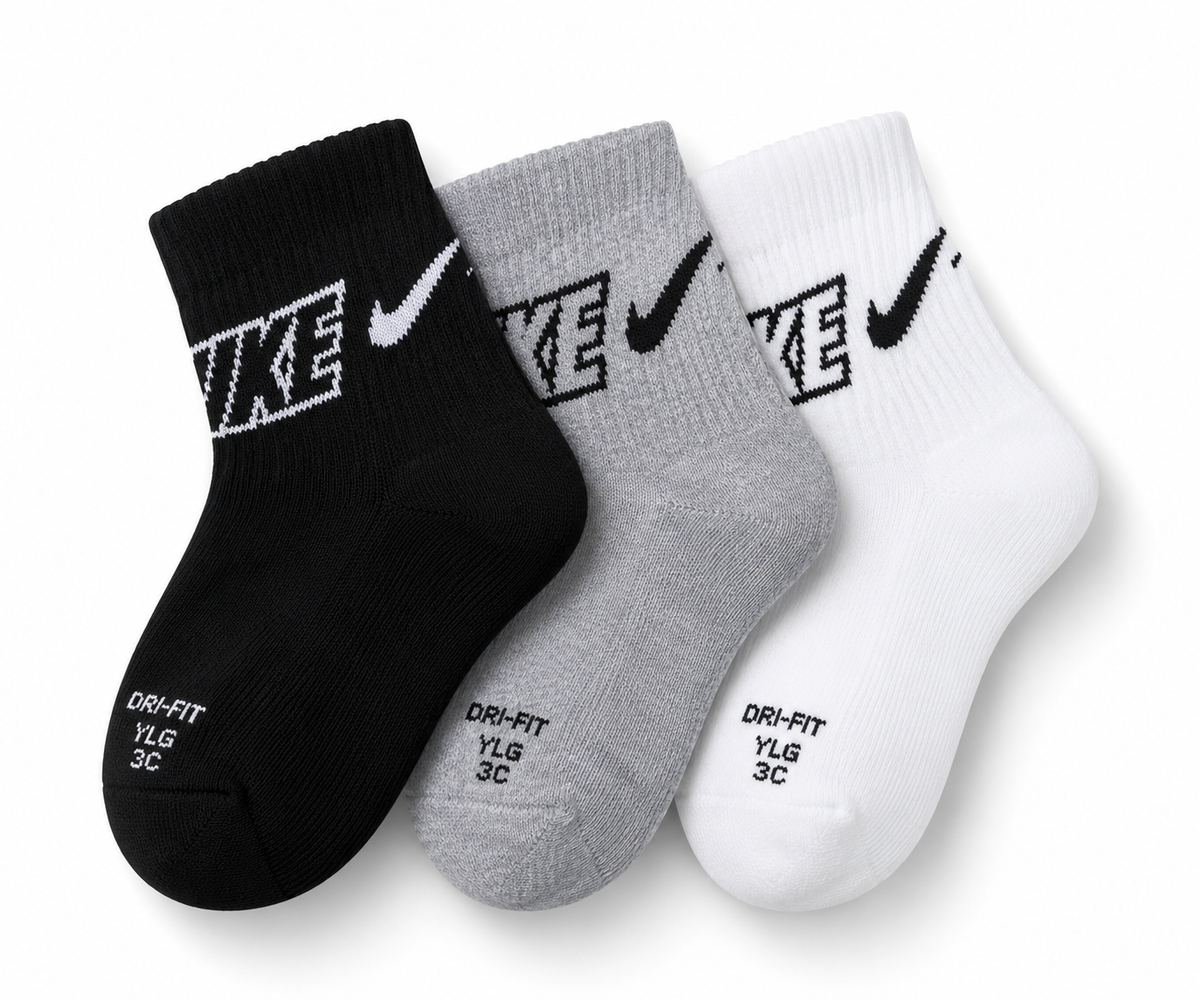 Nike Performance Cushioned Crew Socks – 3-Pack (Black, Grey & White)