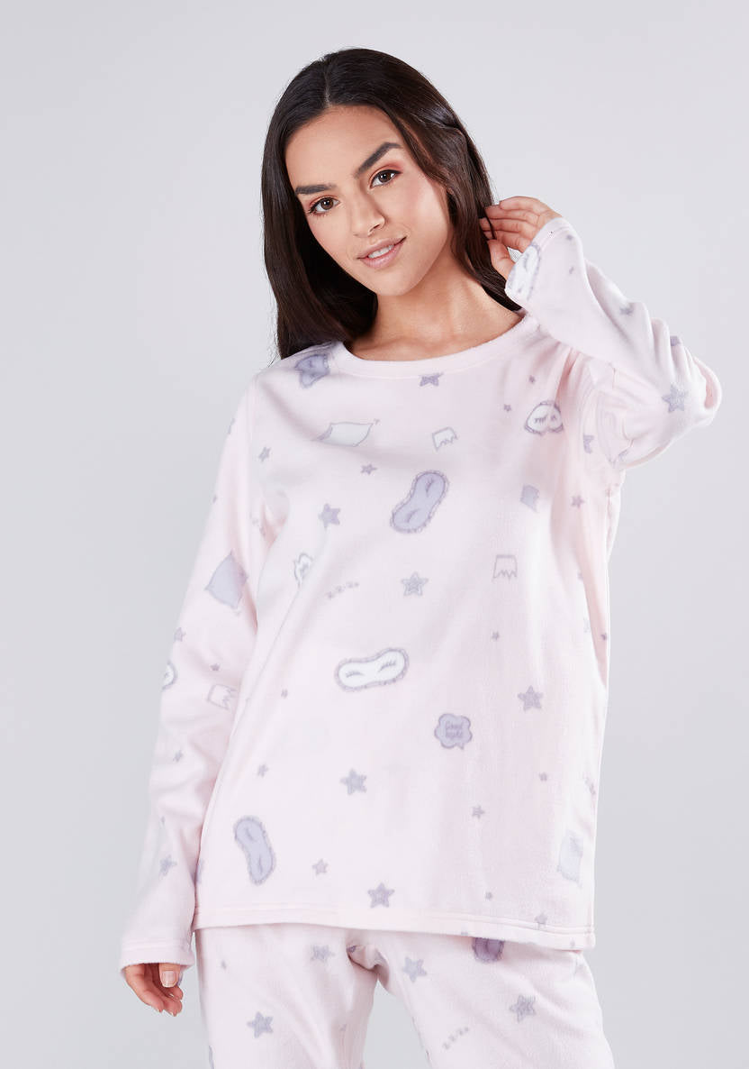Cozy Collection Printed Round Neck T-shirt and Pyjama Set