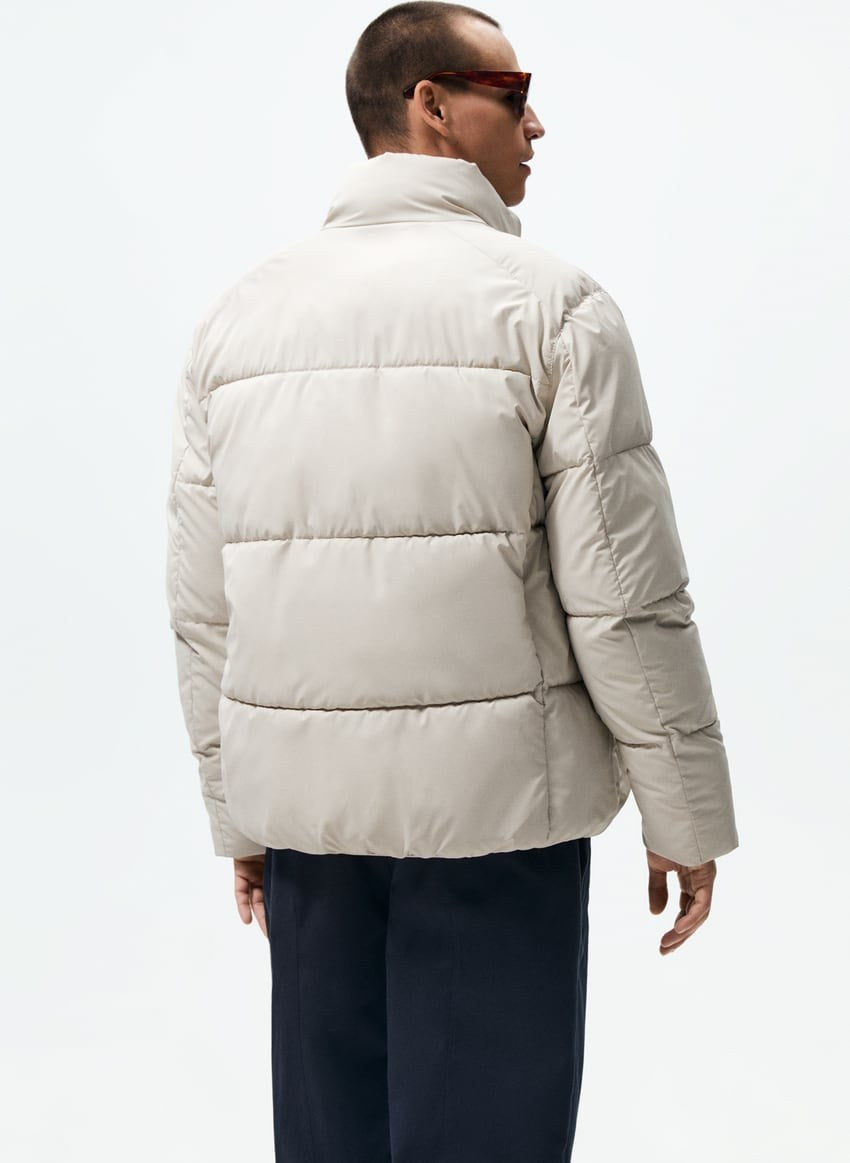 Jacket Zara Men’s Rubberised Puffer Coat Front Zip High Collar in Ivory