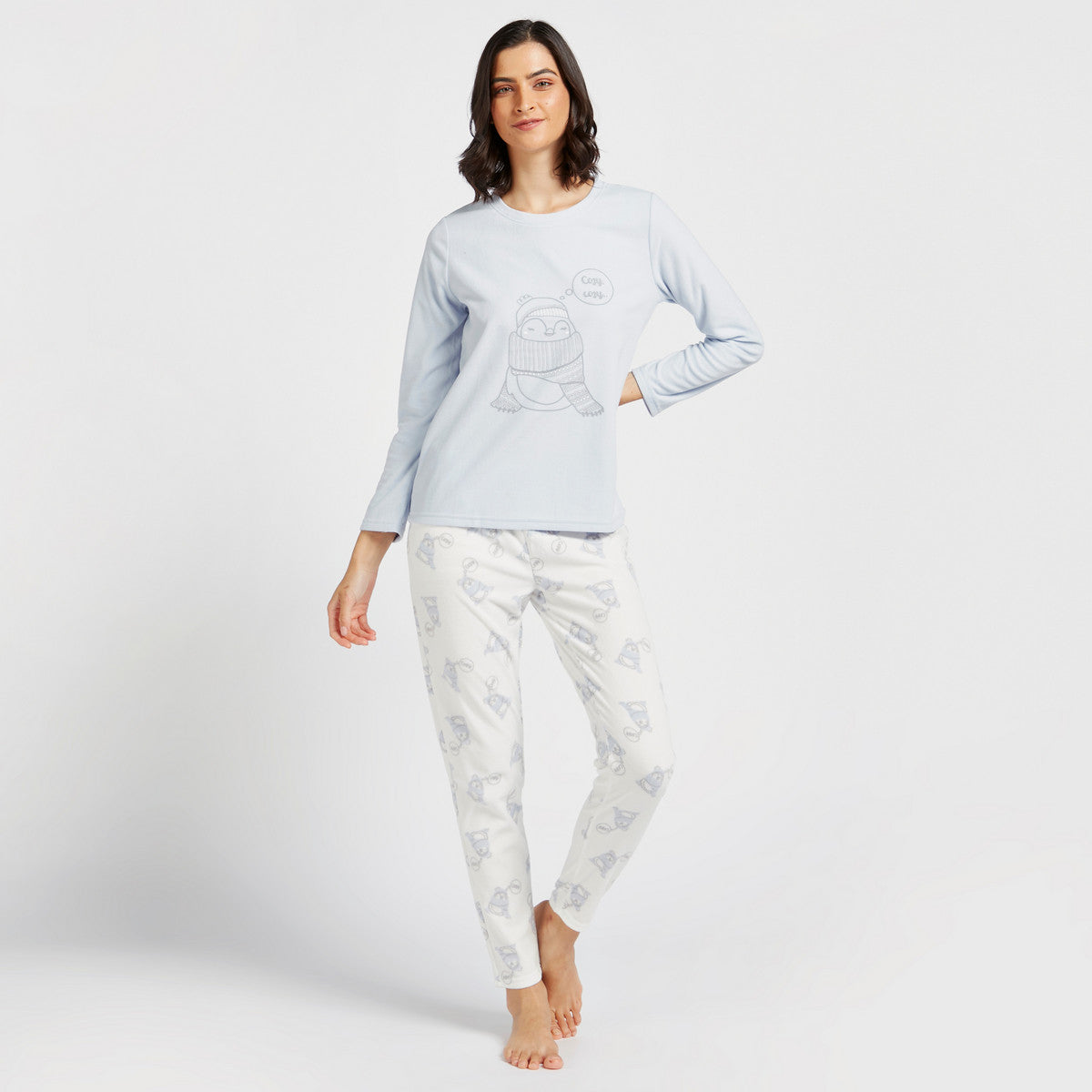 Two-piece set: long-sleeve graphic print T-shirt and printed pajama pants