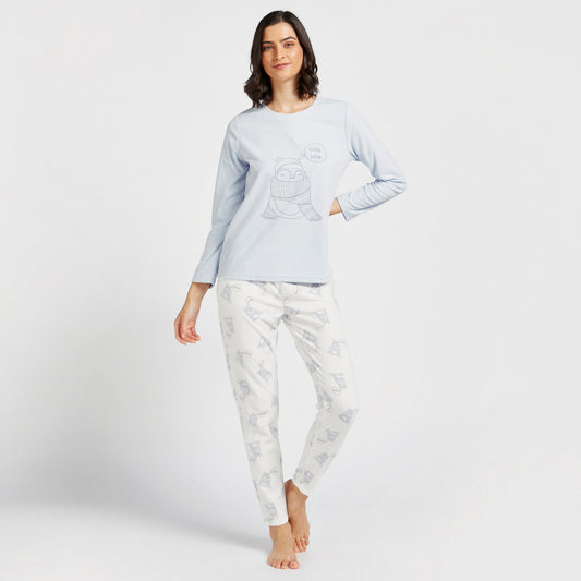 Two-piece set: long-sleeve graphic print T-shirt and printed pajama pants