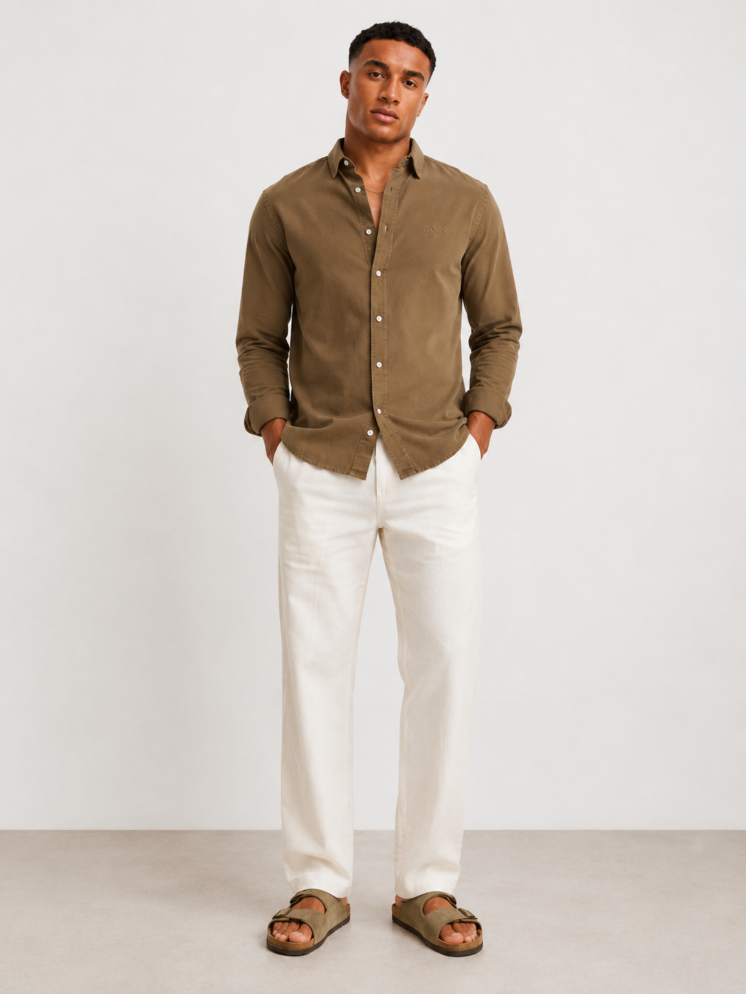 BOSS khaki Relegant  Slim Fit 100% Linen Shirt