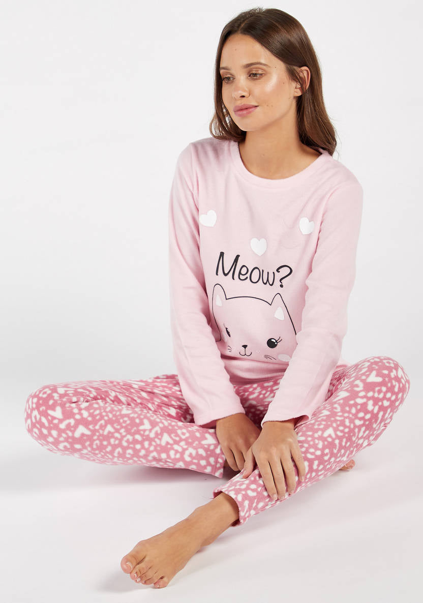 Cozy Collection Printed Round Neck T-shirt and Full Length Pyjama Set