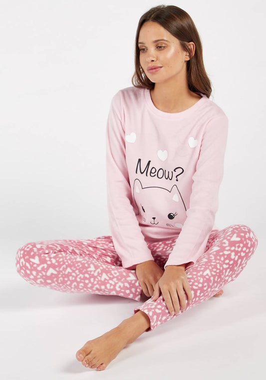 Cozy Collection Printed Round Neck T-shirt and Full Length Pyjama Set