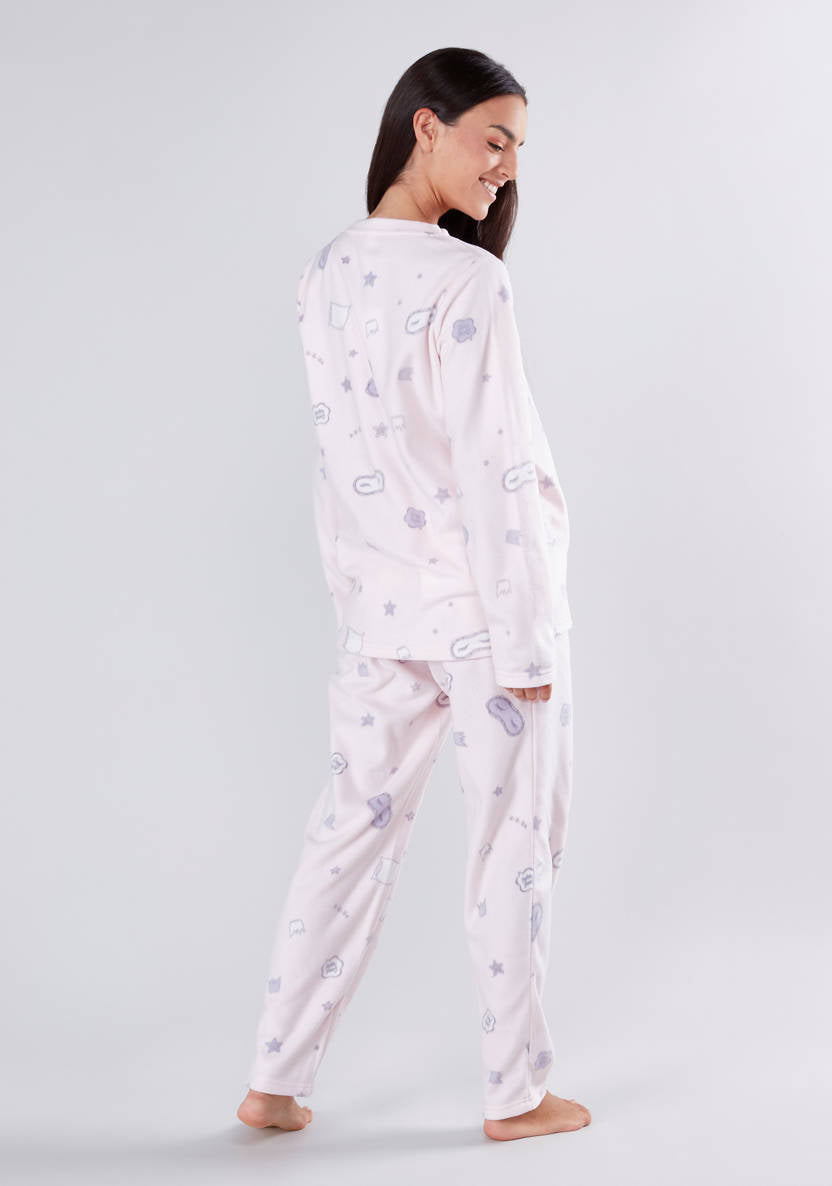 Cozy Collection Printed Round Neck T-shirt and Pyjama Set