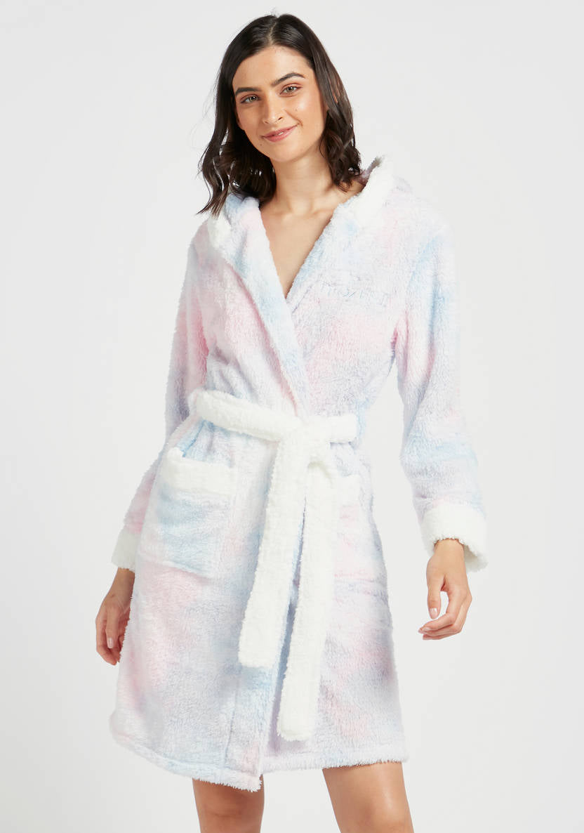 Textured Robe with Long Sleeves and Hood