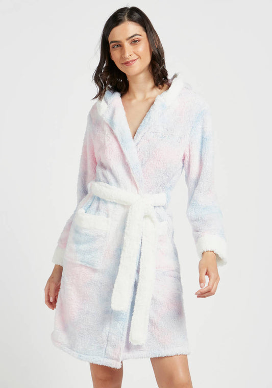 Textured Robe with Long Sleeves and Hood