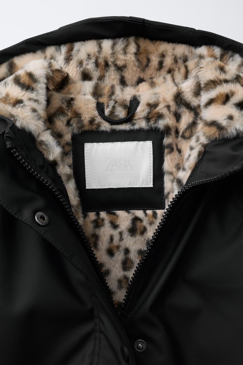 ZARA  RUBBERISED WATER-REPELLENT RAINCOAT WITH FAUX FUR ANIMAL PRINT