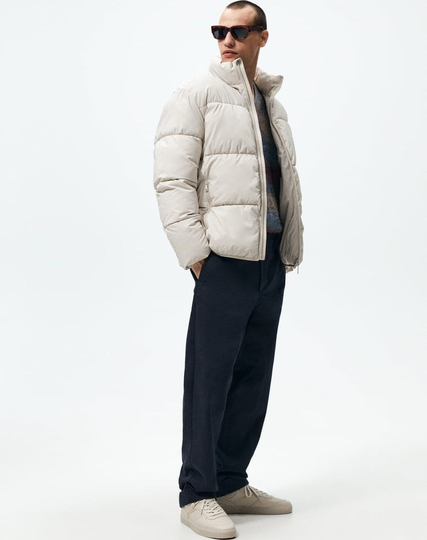 Jacket Zara Men’s Rubberised Puffer Coat Front Zip High Collar in Ivory