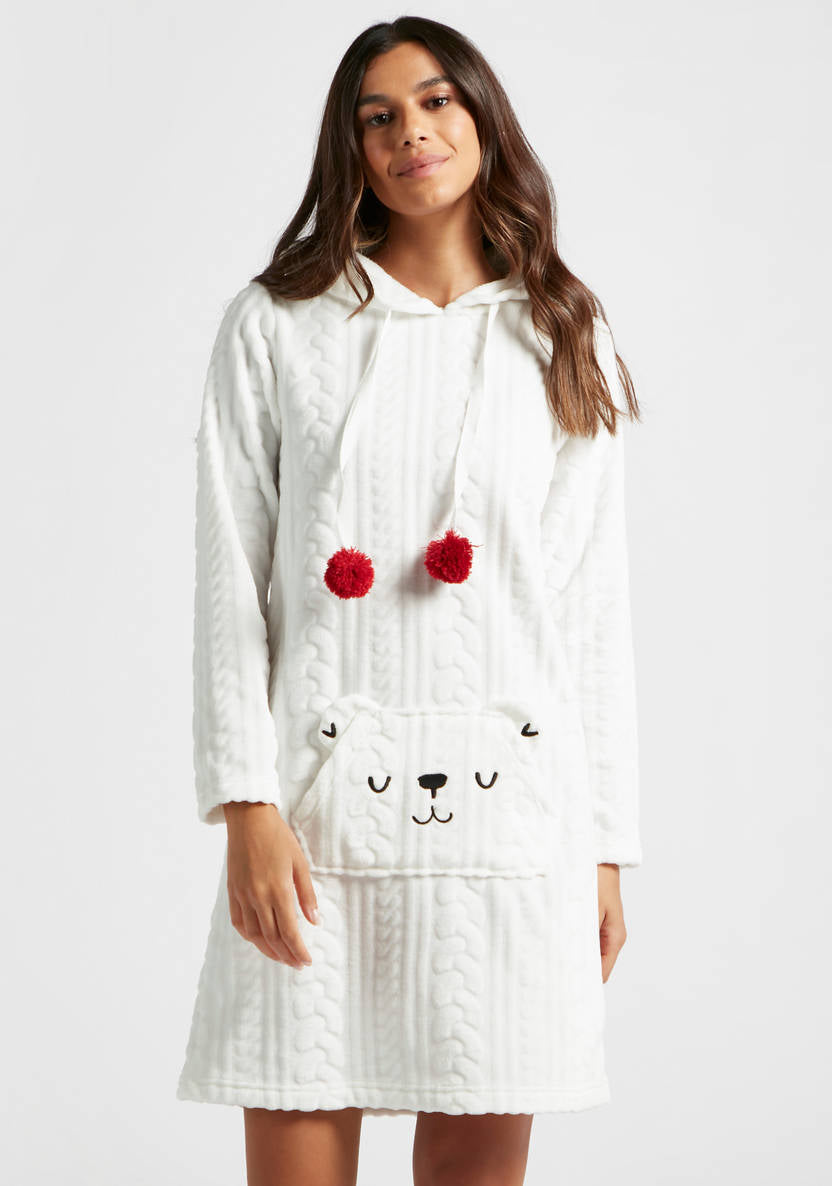 Textured Hooded Sleepshirt with Long Sleeves and Embroidery Detail
