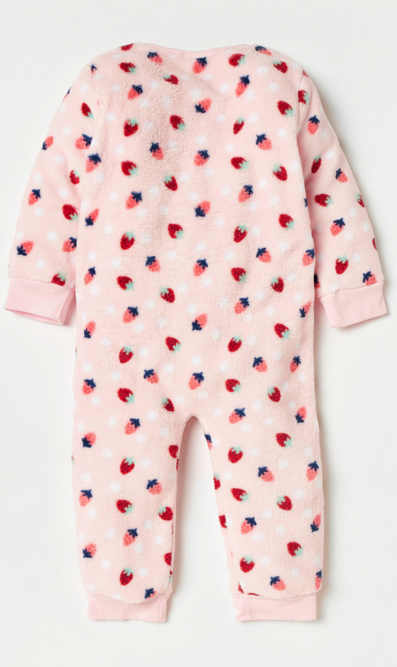 Junior baby girl strawberry fleece patterned textured sleepsuit with a zip closure