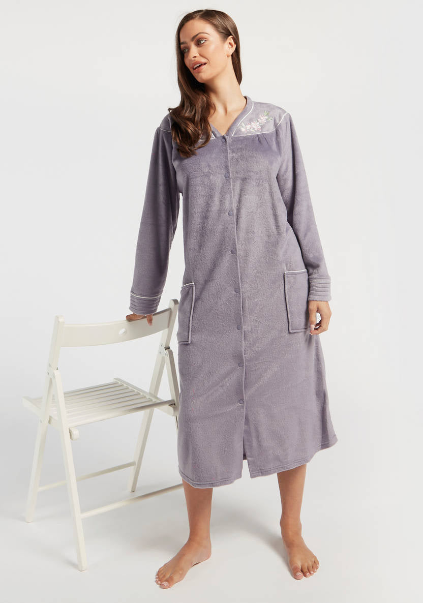 Textured long-sleeve nightshirt with pockets and embroidered details