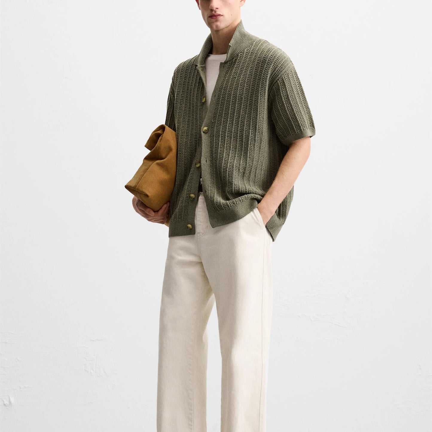 "Zara TEXTURED KNIT SHIRT olive Tricot