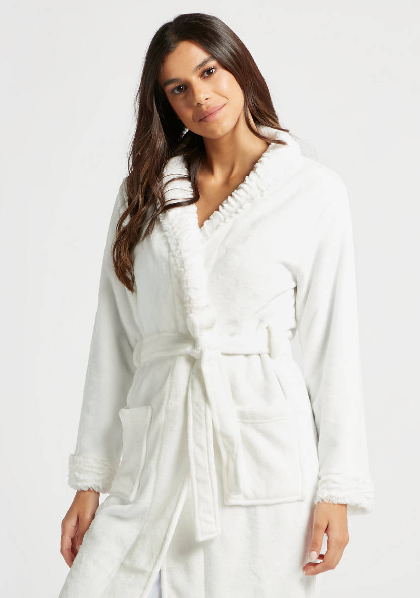 Textured Robe with Long Sleeves and Hood Style